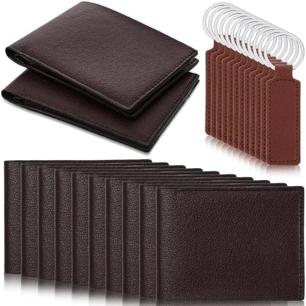 Men's Brown PU Leather Bifold 12 Pcs Wallets Matching 12 Pcs Keychains Design